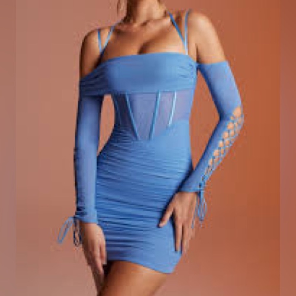 Oh Polly Rayar Lace Up Long Sleeve Corset Mini Dress in Blue